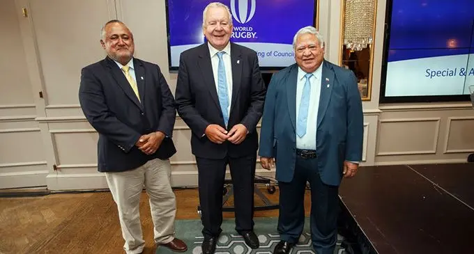 From left: Fiji Rugby Union chairman Francis Kean, World Rugby chairman  Sir Bill Beaumont and Samoa Rugby Union chair, Prime Minister Tuilaepa  Sailele Malielegaoi in Dublin, Ireland on May 22, 2019. Photo: World Rugby 