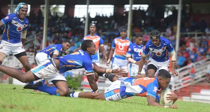 MGM Dragons prop, Jona Naitini, goes over to score the first try against Ba Provincial Freebird Institute Dragons during Vodafone Fiji Secondary Schools Rugby League Under-17 final at Ratu Cakobau Park, Nausori, on May 6, 2023. Photo: Ronald Kumar.  