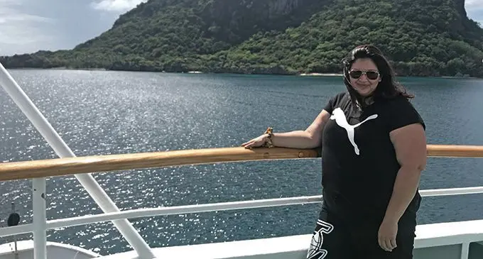 With the Sawa-I-Lau cave in the background, Nazia Ishaq, a guest on the Capitan Cook Cruises MV Reef Endeavour Four Nights Yasawa Islands Cruise. Photo: Maraia Vula 
