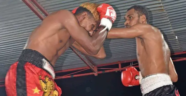 Mohammed Ali (left) guards against Benjamin Joseph during their six-round bout at Prince Charles Park, Nadi, on April 22, 2023. Photo: Waisea Nasokia