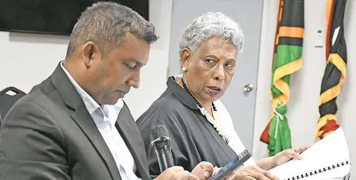 From left: Dialogue Fiji executive director Nilesh Lal and University of Fiji Vice Chancellor Professor Shaista Shameem making their submission before the Fiji Law Reform Electoral Review Commission in Suva on June 2, 2025. Photo: Ronald Kumar