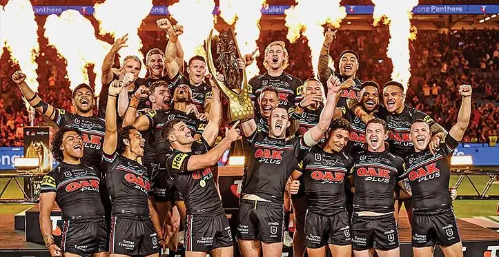 Penrith Panthers celebrate winning the NRL Premiership for the third year-in-a-row at Accor Stadium in Sydney, Australia, on October 1, 2023. Rookie Fiji Bati utility back Sunia Turuva (niddle row, second from right). Photo: NRL.com