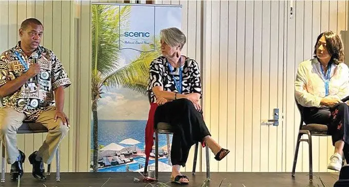 From left: Fijian Media Association general-secretary Stanley Simpson, Transparent Pacific project manager Mary Louise and International Fund for Public Interest Media regional director Irene Liu during a panel discussion at the PINA Media Summit at the Scenic Matavai Resort in Niue.