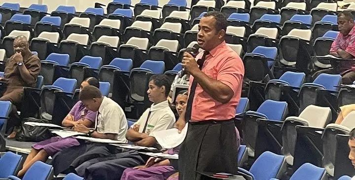 William Cross College teacher Uwate Vakaloloma speaking during the public consultation on the review of the Education Act 1966 at the Fiji National University (FNU) Nasinu Campus on May 28, 2025. Photo: Rariqi Turner