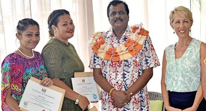 From left: Sharina Rizwan, Anaisi Tawake, Minister for Youth and Sports Parveen Kumar and Spa Academy principal Debra Sadranu at the Spa Academy graduation  on November 19, 2020. Photo: Waisea Nasokia