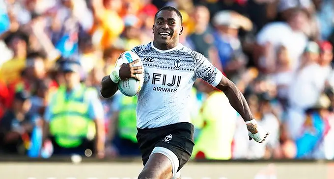 Fiji Airways Fijian 7s winger Aminiasi Tuimaba in full flight to score a try against Australia in the New Zealand Sevens in Hamilton on January 25, 2020. Fiji won 19-12 but lost 26-10 to Argentina in their final pool game. Photos: World Rugby