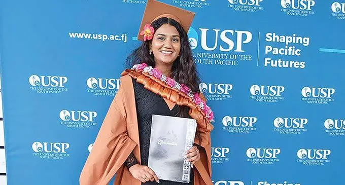 Miss APCO Coatings Rowena Acraman after her graduation from the University of the South Pacific on September 6, 2024, in Suva. Photo: Sosiveta