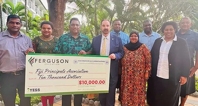 Fiji Principals Association president Dr Rajesh Krishna (third from left,) with Ferguson Education Group chief executive officer and founder, Ian Ferguson (fourth from left), with the executive team. Photo: Waisea Nasokia