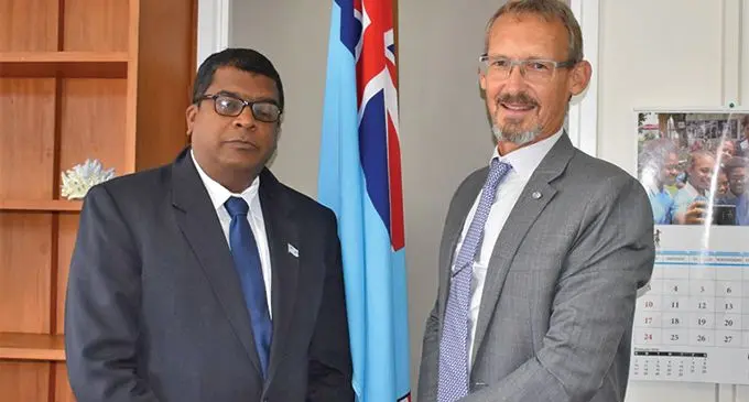 Minister for Agriculture, Rural and Maritime Development, Waterways and Environment Mahendra Reddy with Stephen Harris, Special Representative of the Commonwealth Clean Oceans Alliance (CCOA) at the Ministry of Agriculture headquarters in Raiwaqa, Suva, on March 11, 2019. Photo: DEPTFO News 