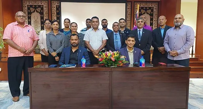 Assistant Minister for Employment, Productivity and Industrial Relations Alvick Maharaj (sitting-left) with the acting permanent secretary for Local Government Shaheen Ali with the municipal councils Chief Executive Officers in Suva on July 1, 2022. Photo: Wati Talebula-Nuku 