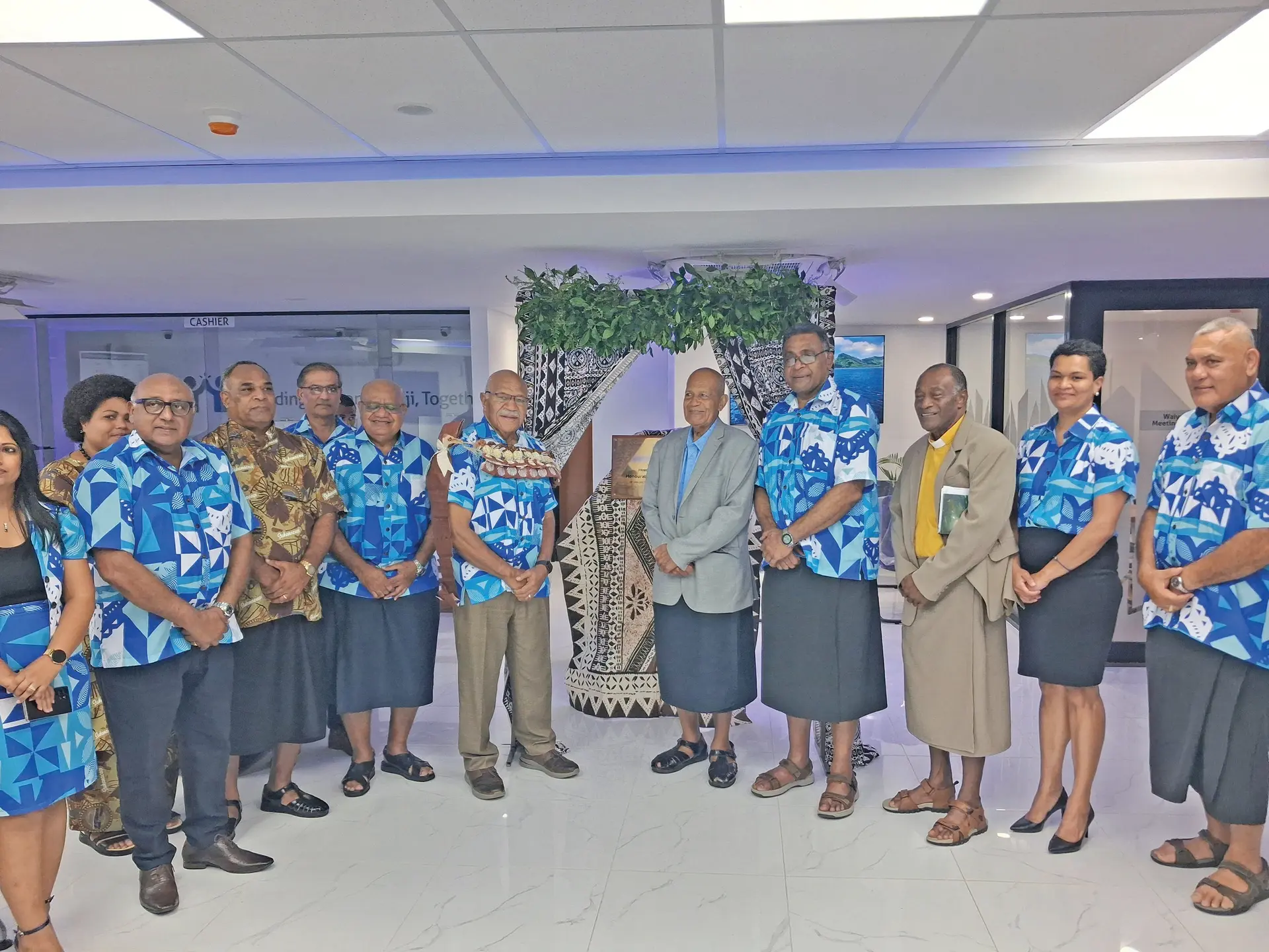 Prime Minister Sitiveni Rabuka (wearing garland) at the opening of revamped Fiji Revenue and Customs Service office in Lautoka. 