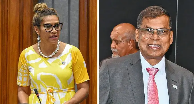 Emoluments Committee chair and Minister for Women, Children and Social Protection Lynda Tabuya in Parliament on May 24, 2024. (Photo: Parliament of Fiji) and Minister for Finance Biman Prasad.