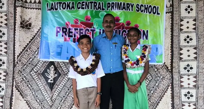 Lautoka Central Primary School headboy Titifanue Etike, headgirl Tripti Trishala and Principal Dalip Kumar Ram on February 9,2018. Photo: Karalaini Tavi