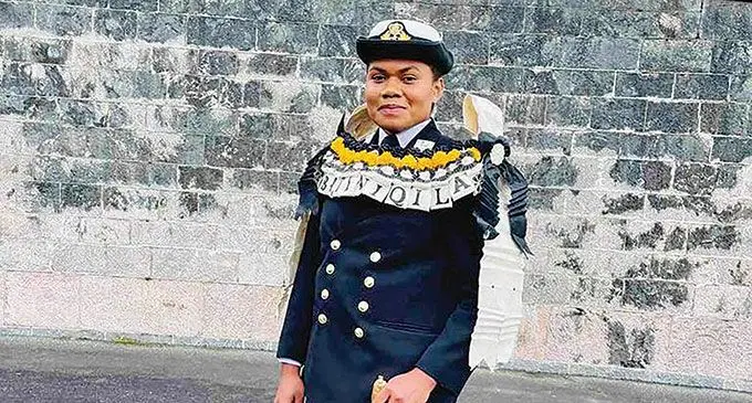 Midshipman Esita Batiniqila (right) congratulated by her friend Amelia Finau at Dartmouth in the UK.   Photo: Republic of Fiji Military Forces