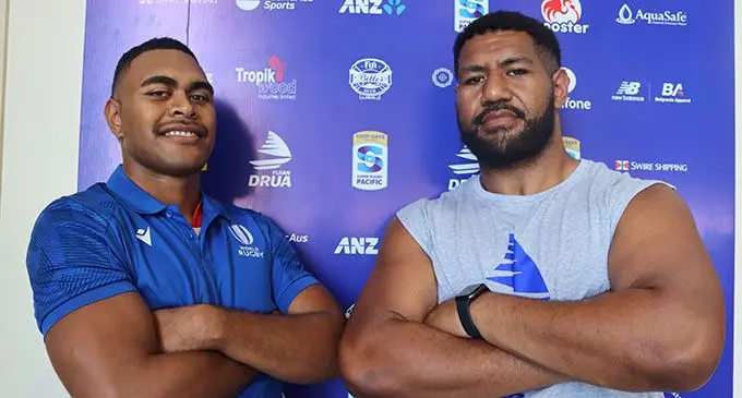 Swire Shipping Fijian Drua’s new inclusions Michael Natokani (left) and Emosi Tuqiri in Nadi. Photo: Fijian Drua.