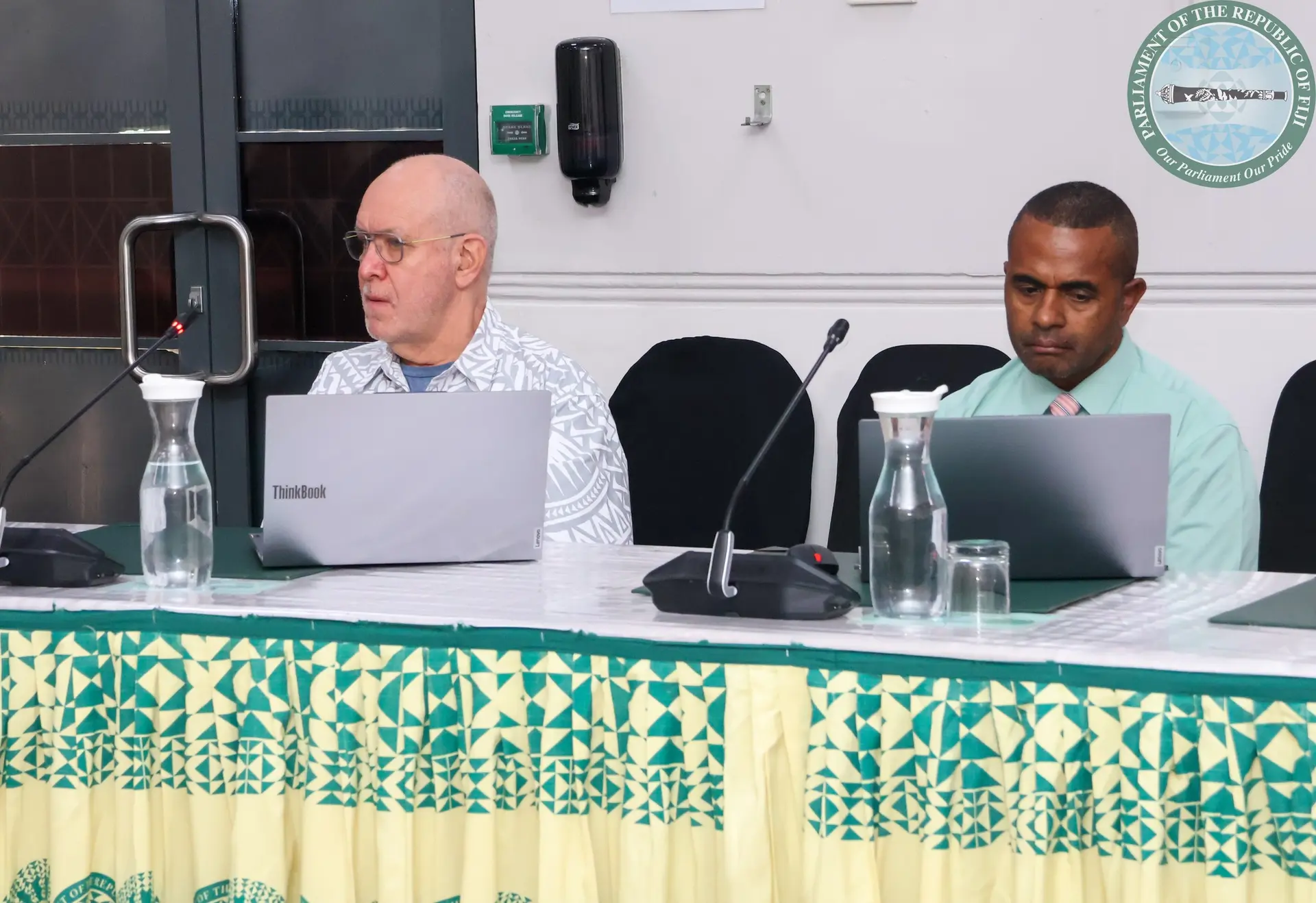 From left - Representatives from the Fiji National University - Professor Paul Jagals and Lecturer Saula Matakarawa in Parliament on June 4, 2026..