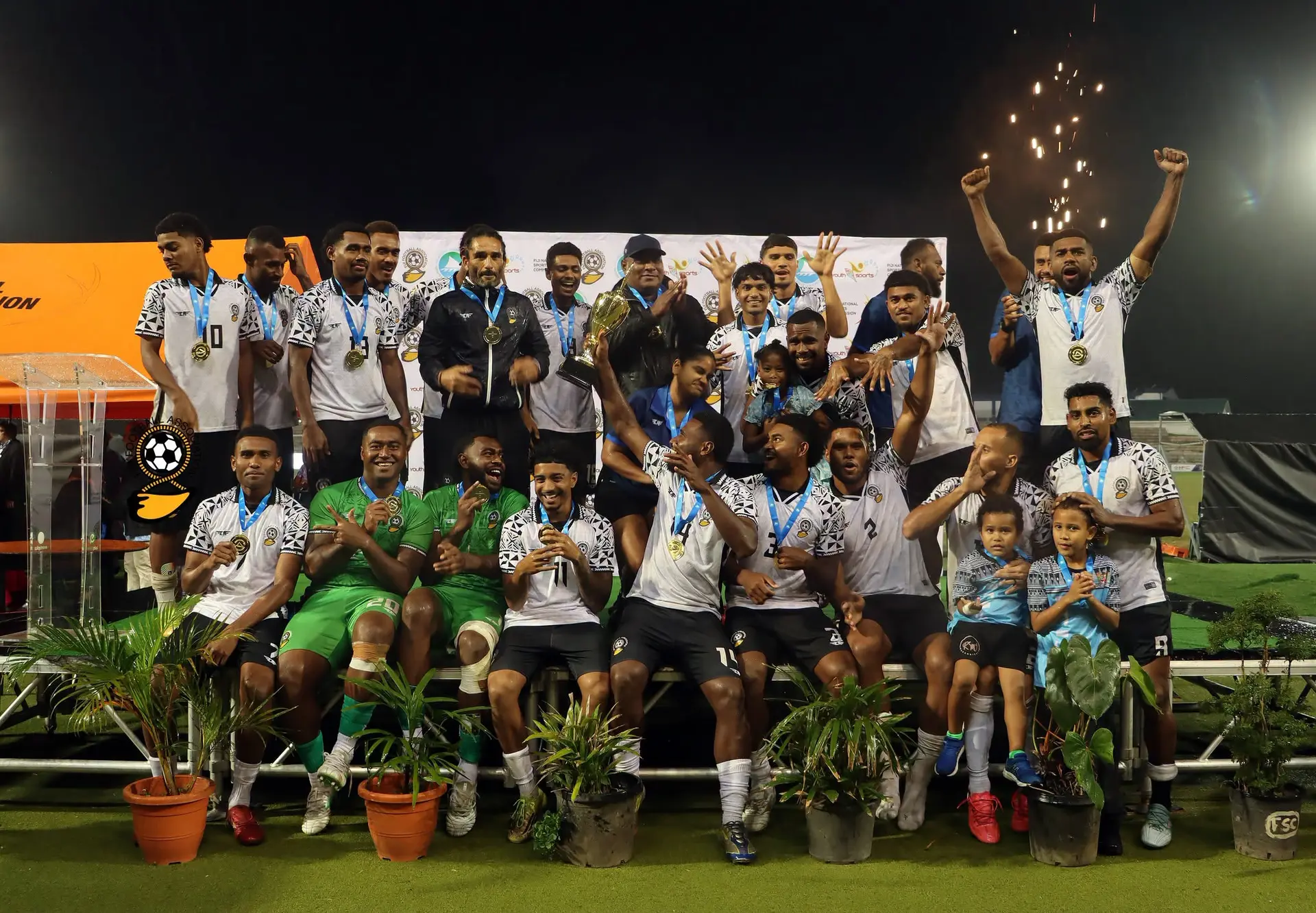 The Bula Boys celebrate their MSG Prime Ministe's Cup win at the National Stadium, Suva on October 3, 2026. 