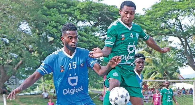 Lautoka centreback Sekove Finau (left) defends against Nadi during the Digicel Premier League clash at Prince Charles Park, Nadi, on March 21, 2021. Photo: Fiji FA Media