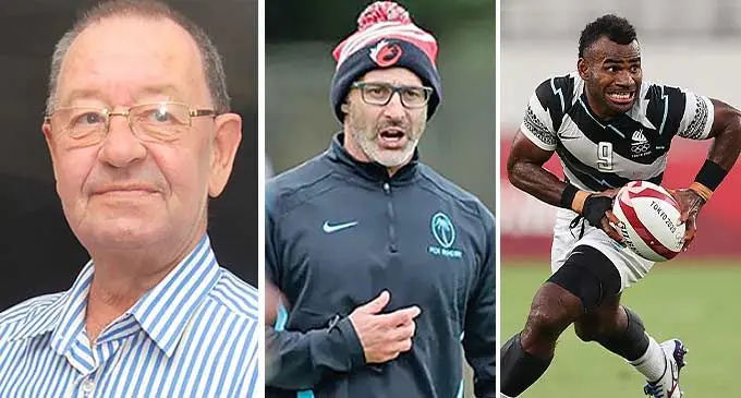 (From left-right) Fiji Rugby Football Union Trust Board interim chairman, Peter Mazey, Fiji Airways men’s sevens coach Ben Gollings and Double Olympian medallist Jerry Tuwai.