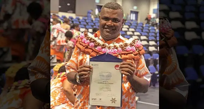 Sanivalati Vukinagauna with his certificate at the Australia Pacific Training Coalition at Nasinu on Wednesday, May 17, 2023. Photo: Jone Salusalu