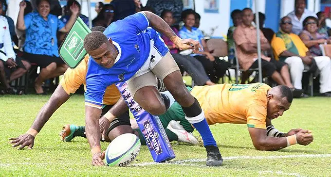 Fiji Police Force’s Rokomoce Vakatalesau scores a try against Fiji Corrections Service during their inaugural Armed Native Constabulary (ANC) challenge at Nasova grounds, Suva on October 11