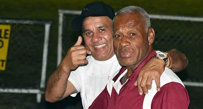 Former Vancouver Whitecaps and Fiji football wizard Ivor Evans with former team-mate Henry Dyer at the Courts IDC at Prince Charles Park in Nadi on October 8, 2019. Photo: Waisea Nasokia