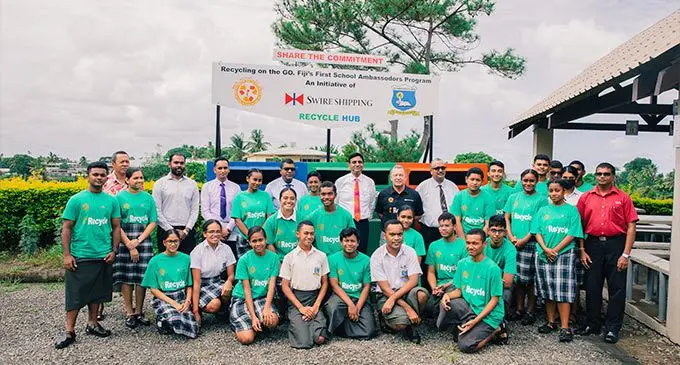 Jai Narayan College students with Minister for Waterways and Environment Dr Mahendra Reddy, Permanent Secretary for Waterways and Environment Joshua Wycliffe and Swire Shipping and Waste Recycler Fiji Ltd representatives. Photo: Waste Recycler Fiji Ltd