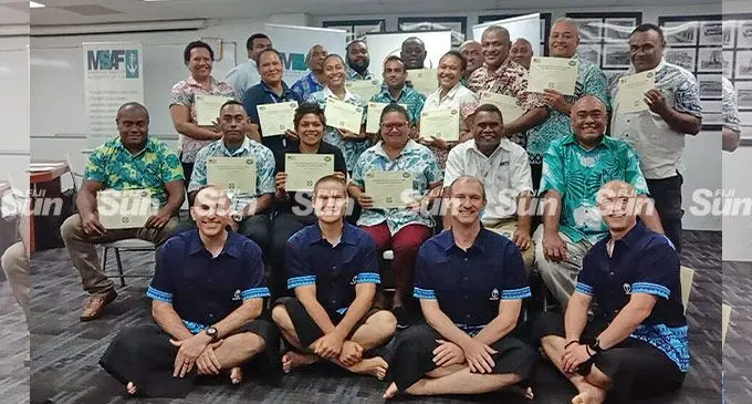 Participants at a ports safety and security seminar sitting from left are Lieutenant Commander Edward Ayoub, Lieutenant Commander Christopher Schleck, International Port Security Liaison officer Adam Mullins and Lieutenant Commander Wade Thomson with the participants from Fiji Ports, Ministry of Commerce, Trade, Tourism and Transport and the Maritime Safety Authority of Fiji on April 14, 2022. Photo: Wati Talebula-Nuku