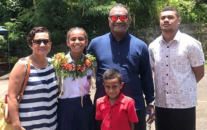 RubyAnn Sorovaki (mother), Kristelle Sorovaki (head girl), Sale Sorovaki (father), Josaia Sorovaki and Marika Sorovaki (brothers) after the prefects induction ceremony of St Anne’s Primary School at the Sacred Heart Cathedral Church on February 7, 2020