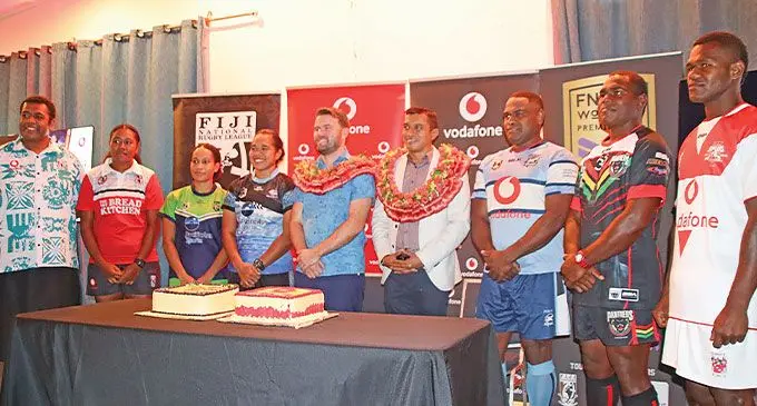 FNRL chief executive officer Don Natabe (left), Australian High Commission Scott Robinson (fifth from left) and Vodafone Head of recharge & distribution Nilesh Singh (sixth from left) at the launch on May 15, 2024.