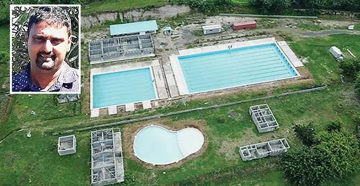 An aerial view of the incomplete Lautoka swimming pool at the Botanical Garden, Lautoka, taken on October 27, 2020. Photo: Ivamere Nataro/ Inset: Lautoka Residents and Ratepayers Association president Narayan Reddy. Photo: Salote Qalubau