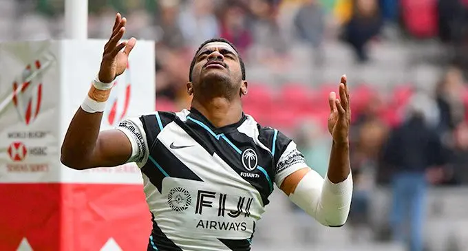 Fiji Airways Fijian 7s rep Filipo Bukayaro reacts after scoring a try against England during their HSBC World Rugby Sevens Series match in Vancouver, Canada, on April 16, 2022. Photo: AFP/Don MacKinnon