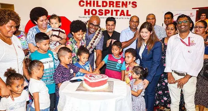 Minister for Health and Medical Services Dr Ratu Atonio Lalabalavu (garland), with children and Sai Prema Foundation Hospital representatives during the Congenital Heart Defect Awareness Week celebrations on February 5, 2024. Photo: Ministry of Health & Services Media