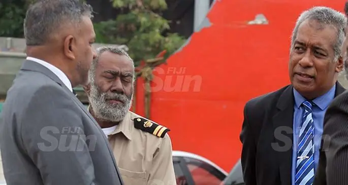 From left: Minister for Transport Faiyaz Koya chatting with Josateki Tagi during the World Seafarers Day in Suva on June 25, 2020. Photo: Lusiana Tuimaisala
