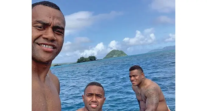 From left; Alasio Naduva, Waisea Nacuqu and Josua Tuisova in Welagi,Taveuni. Photo: Alasio Naduva