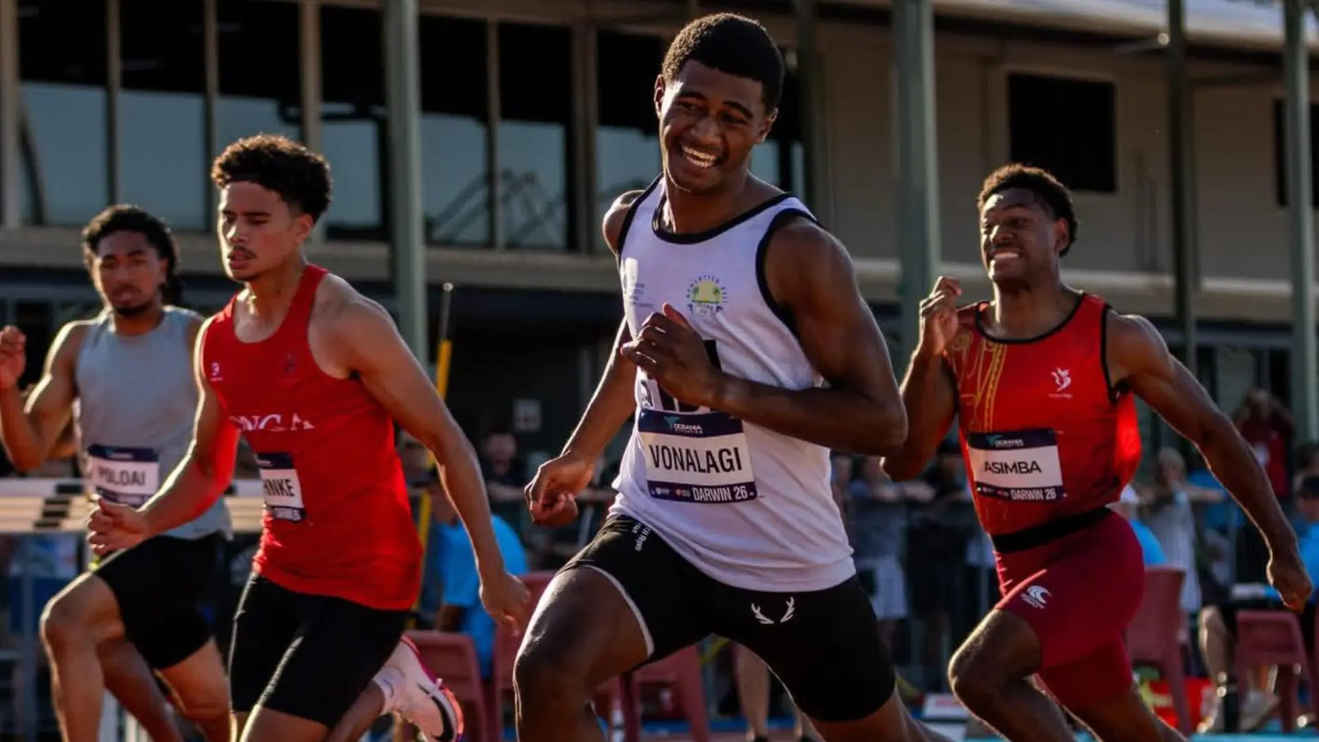 Paula Vonolagi wins gold in the U20 boys 100 metres final. 