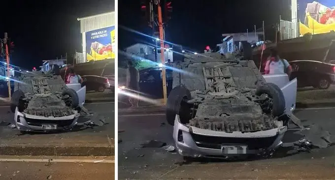 Police are still searching for the driver of the vehicle that tumbled near the traffic lights at the Cunningham junction in  Suva at around 1am on Wednesday. Photo: Fiji Roads Authority (FRA)