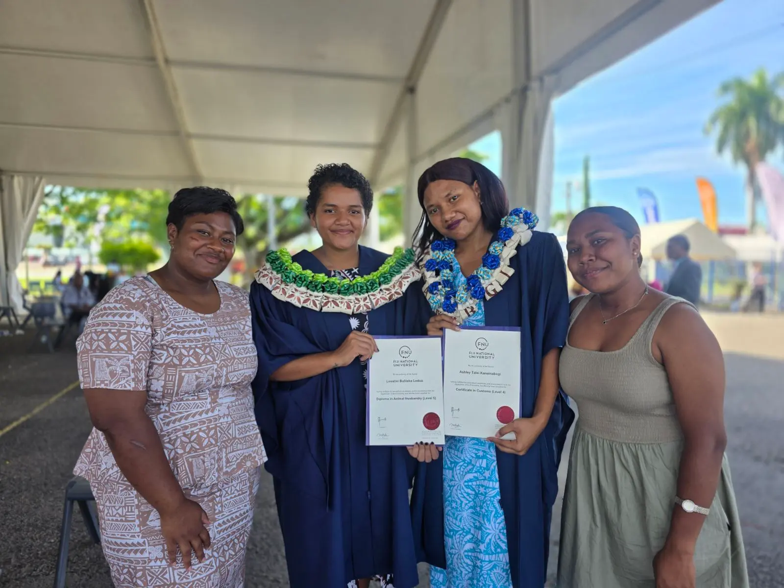  From left: Kiniseni Ivoli, graduate Losalini Ledua, Esley Kanainabogi and Litia Kolinivalu after the Fiji National University graduation at FMF Gymnasium in Suva on May 12, 2026.