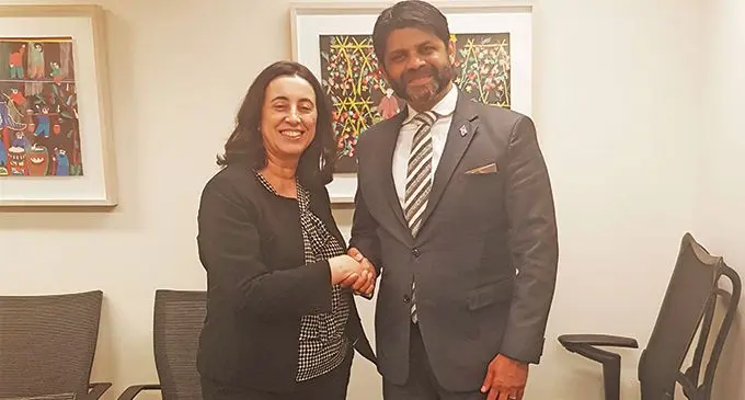 The Attorney-General and Minister for Economy Aiyaz Sayed- Khaiyum with Yvonne Tsikata, Vice President and Corporate Secretary of the World Bank