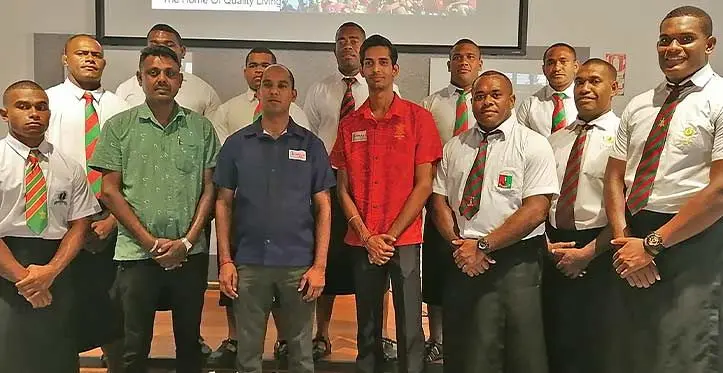 Republic of Fiji Military Forces (RFMF) men’s rugby team officials with players and Subrail West executives (front, second from left) Nadi Branch manager, Shaveen Prasad, operation manager, Rajinesh Sharma and sales and marketing manager, Jashwindar Singh at Back Rock RFMF headuqraters in Nadi on November 22, 2023. Photo: Mereleki Nai