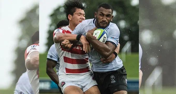  Tira Welagi Patterson on his way to score three tries against Japan A during the World Rugby Pacific Challenge in 2018. He makes his HSBC World Sevens Series debut tomorrow at the Vancouver 7s in Canada. Photo: FRU Media