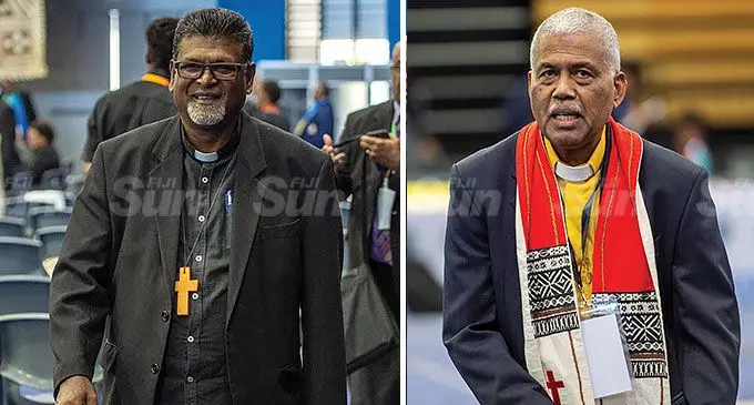 Methodist Church in Fiji and Rotuma Assistant General Secretary Reverend Anil Reuben and President of the Methodist Church of Fiji and Rotuma Reverend Semisi Turagavou at the Vodafone Arena in Suva on August 28, 2024. Photos: Leon Lord