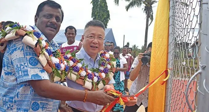 Minister forYouth and Sports Parveen Kumar (left) with Chinese Ambassdor Qian Bo during the official handover of the Malawai Volleyball Court, Nadi on March 12, 2021. Photo: Waisea Nasokia