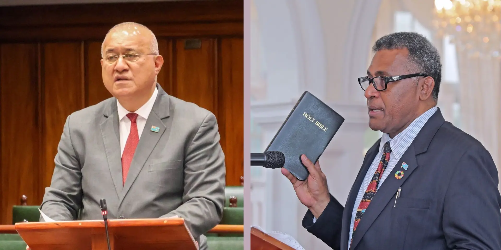 Minister for Policing and Communications Ioane Naivalurua, left, and Minister for Finance, Commerce and Business Development Esrom Immanuel.