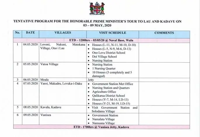 Schedule for Prime Minister Voreqe Bainimarama’s tour to the Southern Lau group and Kadavu.