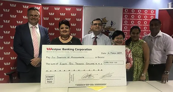 Westpac, Vodafone backs accountants... From left: Westpac Fiji chief executive Kip Hannan, Westpac Fiji Communications and Sustainability Specialist Jyoti Maharaj, Fiji Institute of Accountants president Zarin Khan, FIA Executive Director Beverly Seeto, FIA office manager Kamel Deo and Vodafone Fiji chief operating officer Ronald Prasad. Photo: Maraia Vula.