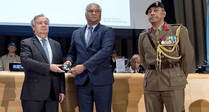 File Photo: Fiji’s Permanent Representative to United Nations (PRUN), Ambassador Satyendra Prasad with the United Nations Secretary-General, Mr Antonio Guterres at the International Day of United Nations Peacekeepers at the UN Headquarters in New York, last year.