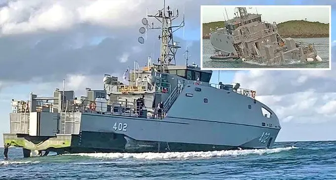 BEFORE...RFMF Navy Ship RFNS Puamau. Inset: AFTER...RFMF Navy Ship RFNS Puamau grounded during its first patrol in Lau.