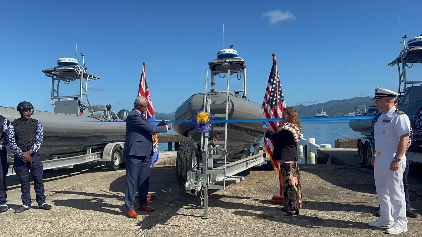 Defence Minister Pio Tikoduadua inspects one of four Rigid Hull Inflatable Boats (RHIBs) handed over by the United States government to the RFNF Naval Division during a ceremony at Stanley Brown Naval Base in Walu Bay.