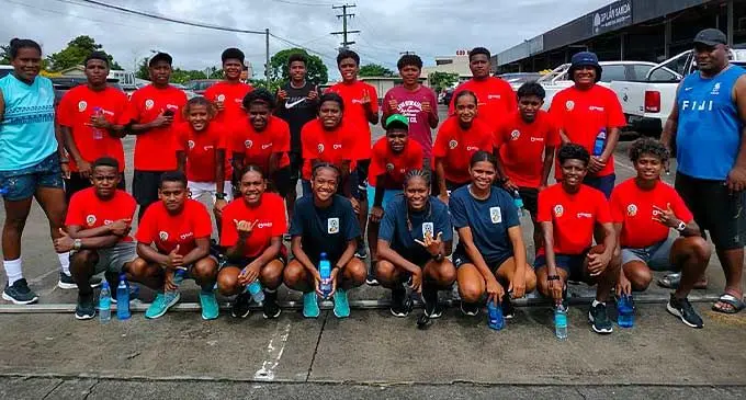 Team members and officials of the Digicel national women's football team in Apia, Samoa, on February 8, 2024. Photo: Fiji FA Media